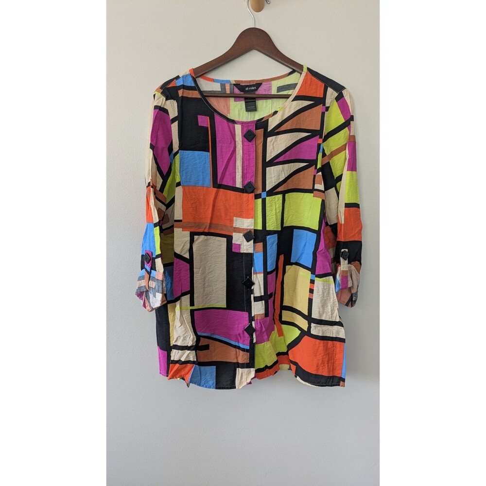 Ali Miles Colorful Tunic Top M Faux Button Artsy Crinkle Roll Tab Oversized Geo